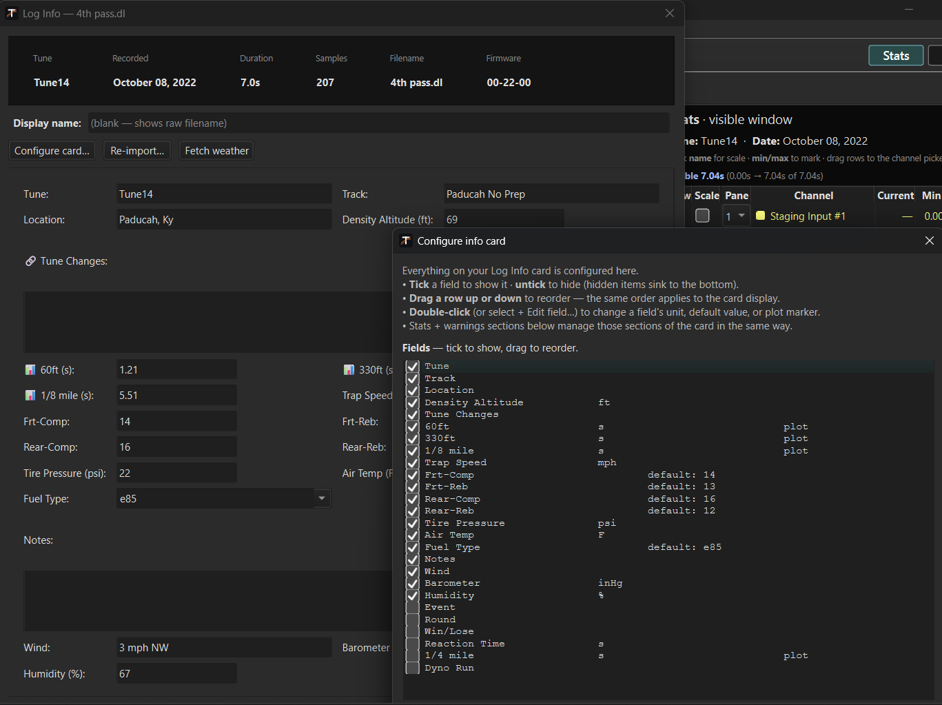 Tunelyzer Configure Info Card dialog showing the field list with options to add, rename, reorder, hide, and delete fields